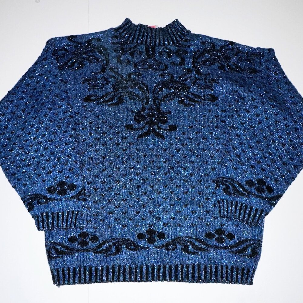 Vintage ADELE KNITWEAR Women's Sweater Size S Lurex Black Blue Sparkle